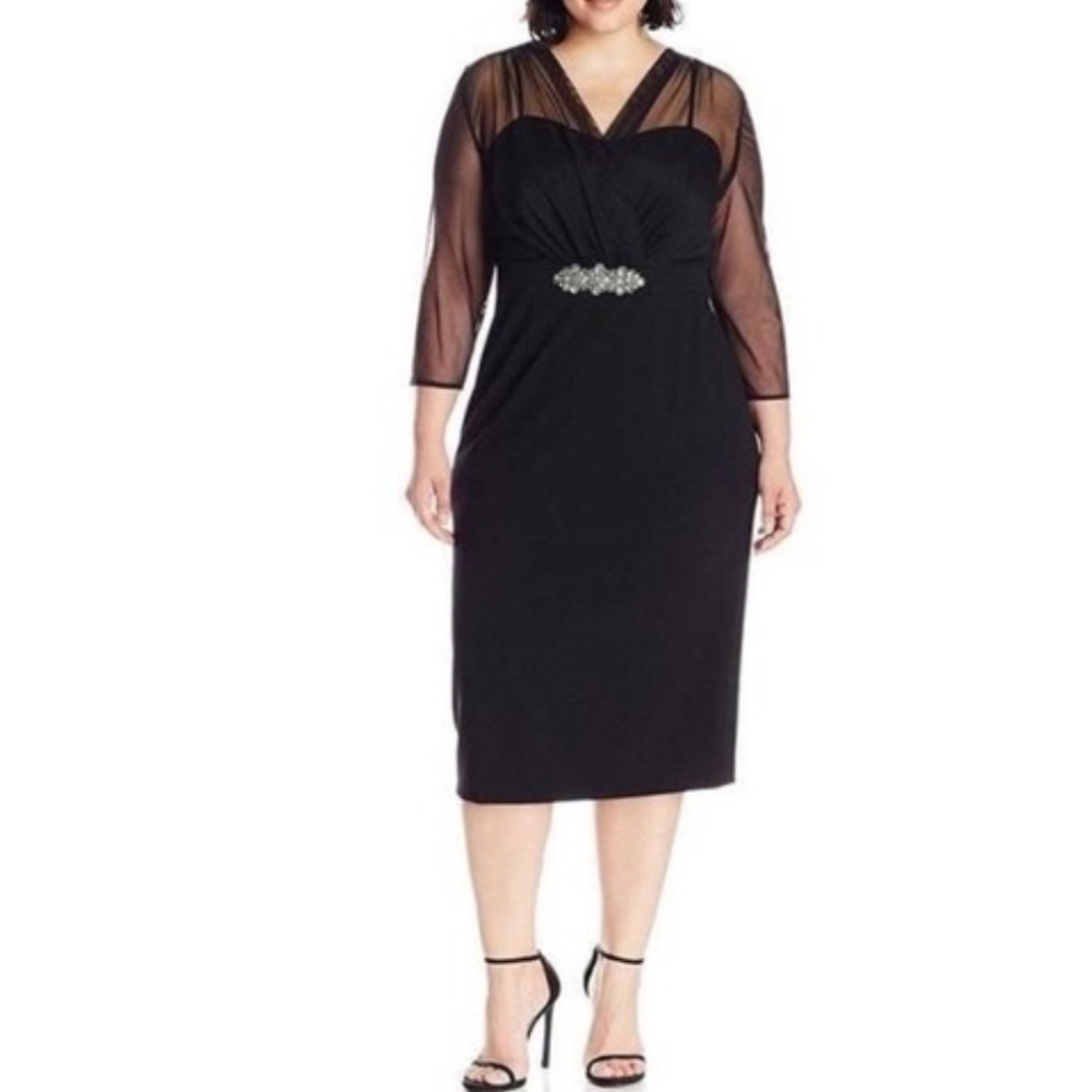 Alex Evenings Illusion Embellished Sheath Midi Dress Black Sheer 3/4 Sleeve 14W